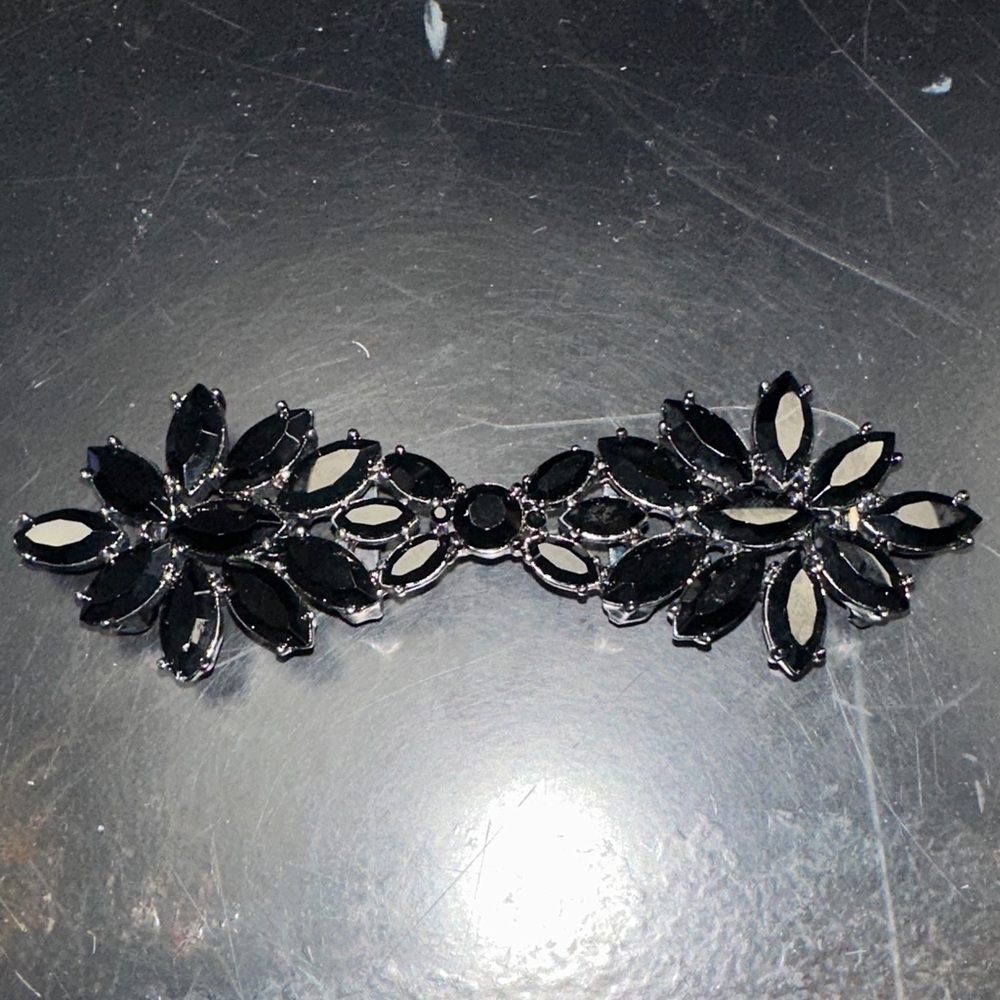 Oscar de la Renta Black Marquise-cut  Floral Belt Buckle Made in USA Statement